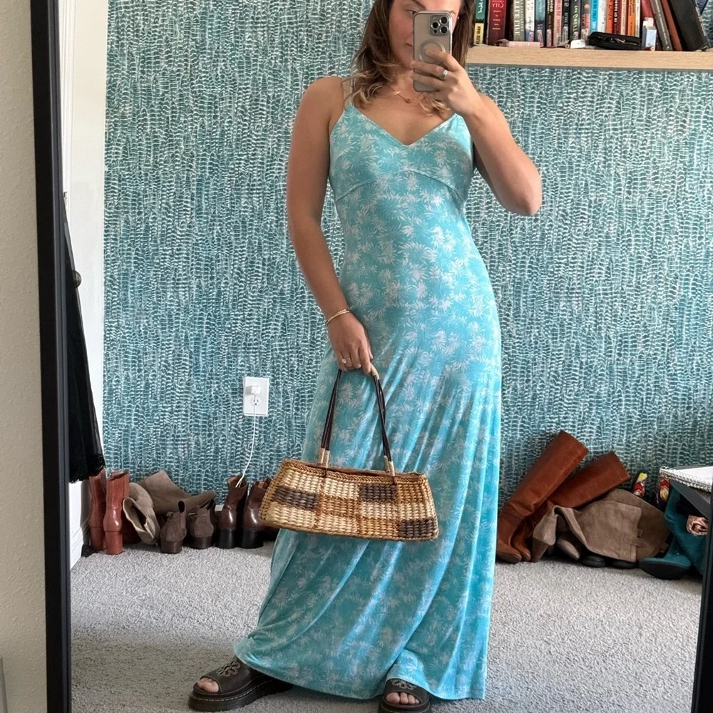 Michael Khors Light Blue Palm-Print Slip Maxi Dress